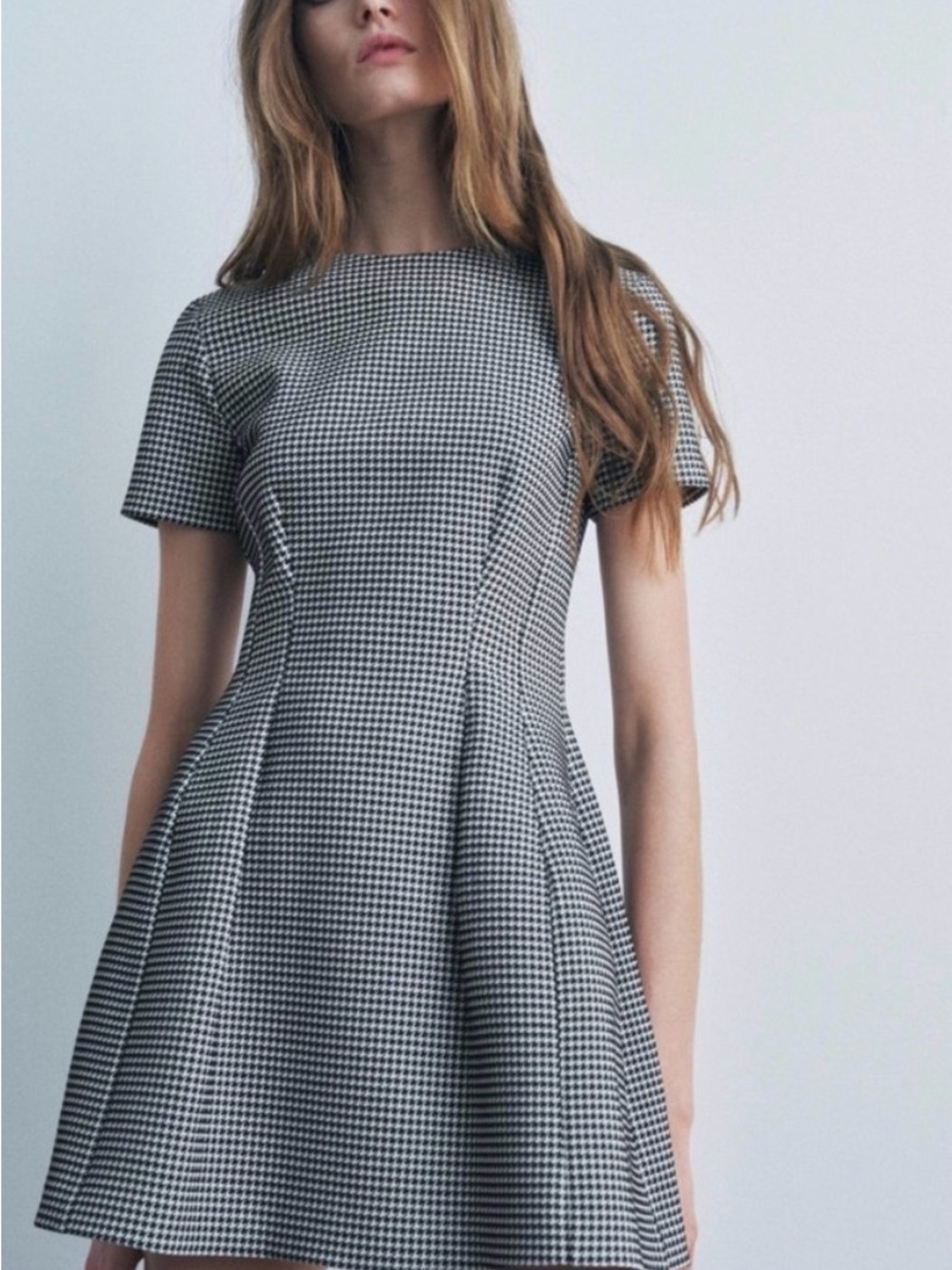 Zara Tailored Black and White Houndstooth Fit-and-Flare Dress